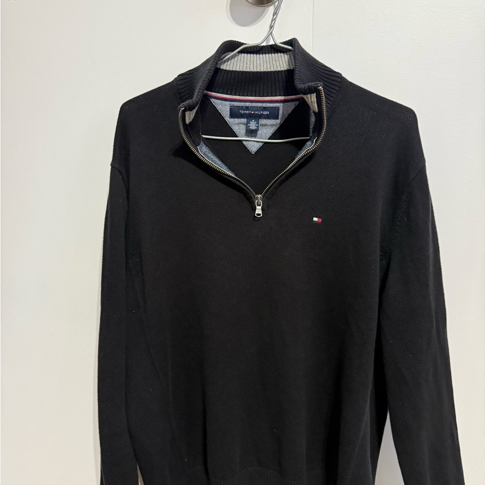 Tommy Hilfiger Men's Black Zip-Neck Sweater with Signature Flag